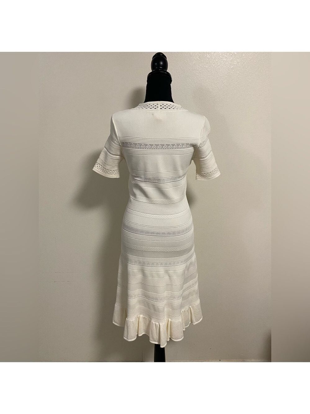 Eliza J Dress Women’s Size Medium Cream Pointelle Ruffle hem Dress fit & flare - Picture 4 of 16